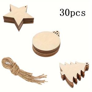 TEMU 30개 크리스마스 목재 조각, 나무 장식용 걸이 장식 DIY 액세서리 작은 펜던트 크리스마스 트리 장식용 (크리스마스 트리/볼/펜타그램) 크리스마스 추수감사절 겨울 장식