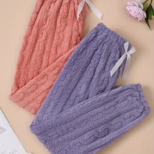 TEMU 가을과 겨울을 위한 캐주얼 단색 자카드 플리스 두꺼운 나이트 바지 2개, 신축성있는 하이웨이스트 조거 수면 바지, 여성 잠옷 및 라운지웨어