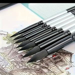 TEMU 7pcs 전문가용 물감 브러시 세트, 쥐털로 만든 브러시 - 퀄리티, 블랙 스완 라운드 팁, 초보자 및 고아슈 에게 이상적, 내구성 있는 나무 손잡이
