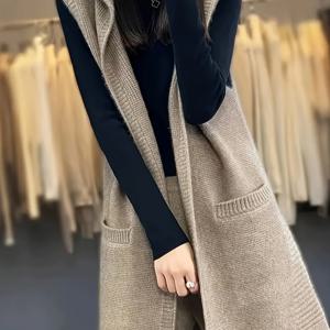 TEMU 여성용 우아한 긴 후드 니트 베스트 - 소매 없는, 루즈핏, 베이지, 봄/가을용 포켓, 다용도한 스카프 | 후드 스웨터 베스트 | 세련된 니트웨어