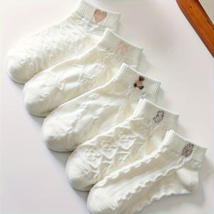 TEMU 5팩 여성용 순백색 양말, 고양이, 곰, 하트, 토끼 및 리본 디자인