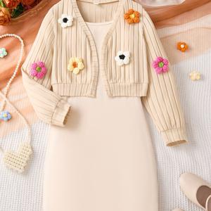 TEMU 가을 겨울 재킷 드레스 세트, 여아용 시크 니트 3D 컬러풀 플라워 긴팔 가디건 + 캐미솔 드레스 아웃핏