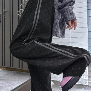 TEMU 여성용 하이웨이스트 블랙 물방울 무늬 레그 팬츠 - 캐주얼 루즈핏, 탄성 허리 밴드, 사계절 편안함, 캐주얼 복장에 다용도, 편안한 의류 | 물방울 패턴 | 부드러운 질감의 원단