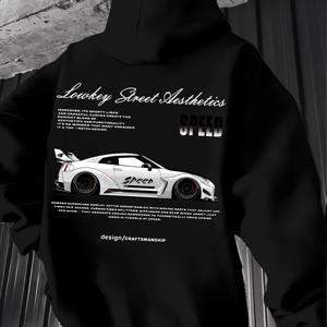 TEMU 남성용 레이싱카 그래픽 후드티 - JDM & Motorsport 디자인, 일본어 텍스트와 기하학적 패턴이 돋보이는 캐주얼한 오토모티브웨어. 봄/가을에 착용하기 좋은 속도감과 레이싱카 프린트가 있는 정사이즈 후드집업. Speed Streaks 무늬로 제작된 이번 아이템은 s 이벤트나 데일리룩으로 완벽합니다. 블랙색상
