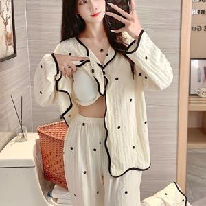 TEMU 캐주얼 도트 패턴 여성 파자마 세트, 내장 브라 포함, 일본 스타일 한국판 가을 겨울 긴팔 가디건 셔츠