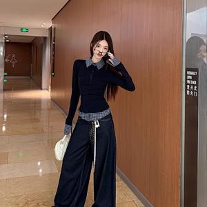 TEMU 여성용 우아한 프레트워 투피스 슬림핏 버튼 프론트 재킷 칼라 블라우스 - 롱 슬리브 셔츠, 솔리드 블루 논스트레치 오피스-캐주얼 웨어, 봄/가을 레이어링 아이템 (세탁기 사용 가능) 드레스 & 바지용