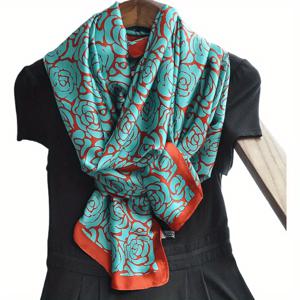 TEMU 여성용 우아한 터키석 & 오렌지 플로럴 프린트 스카프 - 긴 방풍 겨울 스카프, 손세탁 가능한 폴리에스터, & 터키석/오렌지/티얼/, 외출 및 캐주얼 복장에 다용도, 겨울용 스카프, 스타일리시한 헤드웨어, 세련된 디자인, 부드러운 질감