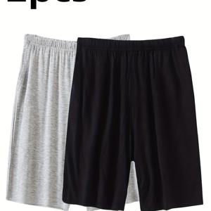 TEMU 남성용 경량 여름 수면 반바지 2개 세트 - 캐주얼 루즈핏, 중간 허리 길이, 끈 조절 가능한 신축성 허리밴드, 통기성이 좋은 얇은 원단, 회색 및 검정, 플러스 사이즈 편안한 라운지웨어 파자마 하의, 여름 잠옷 | 루즈핏 쇼츠 | 중간 탄력성 원단, 파자마 쇼츠