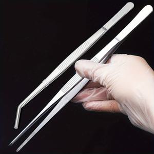 TEMU 2pcs 인 초장형 스테인레스 스틸 핀셋, 보나이 DIY, 정원, 애완동물 관리, 파충류 사료, 보석 제조를 위한 두꺼운 대형 수집 클립 - 내구성 및 정밀한 제어, 정원용 핀셋