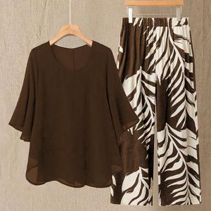 TEMU 우아한 셔폰 블라우스 & 잎자르 프린트 팬츠 세트 - 여성용 스타일리시한 라운드 넥, 반팔, 하이웨이스트 아웃핏, 캐주얼 또는 사무실 착용에 적합, 다재다능한 패션 | 세련된 아웃핏 | 우아한 셔폰