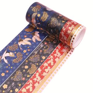 TEMU 5개 빈티지 플로럴 & 동물 와시 테이프 세트, 골든 호일 크레인 디자인, 매트 마감 장식 스티커, 공예 및 선물 포장용
