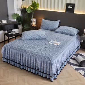 TEMU 3피스 레이스 침대 스커트 세트 (침대 커버 1개 + 베개 커버 2개 포함), 고급 두꺼운 보온 방지 침구 보호용, 가을과 겨울용 순수 색상 피팅 시트 및 이불 커버, 연한 베이지색 - 부드럽고 편안하며 통기성 좋은 접이식 가능, 침실/게스트룸/호텔/기숙사 홈 데코, 저자극성, 기계 세탁 가능, 주름 없음, 변색 방지