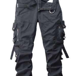 TEMU 1pc Yuehaibao 남성 캐주얼 미드 웨스트 카고 팬츠, 100% 폴리에스터 단색 다중 포켓, 약간의 스트레치, 루즈핏, 올 시즌, 레귤러 길이, 지퍼 플라이