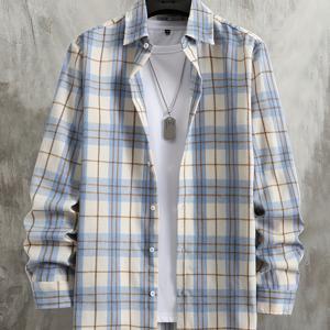 TEMU 남성용 캐주얼 체크무늬 긴팔 버튼 셔츠, 폴리에스터, 스트레치되지 않는 면, 정상적인 핏, 직조 - 봄 & 가을 야외 활동에 이상적, 캐주얼 착용|캐주얼 스타일|버튼업 디자인, 반팔 상의|남자셔츠|남자옷|반팔셔츠