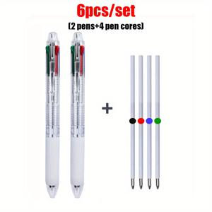 TEMU 6pcs 고품질 흰색 4in1 볼펜, 0.5mm 교체용 리필(블랙/블루/레드/그린), 부드러운 쓰기, 리트렉터블 디자인, 사무용품용 다기능 마커 펜(2개의 펜과 4개의 리필 포함), 사무용 필기 필수품, 투명 리필 창, 기능성 디자인