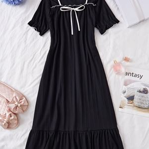 TEMU 여성용 스퀘어넥 반팔 러플 밑단 슬립드레스 - 블랙 솔리드 컬러 올시즌 라운지 & 잠옷, 세탁기 사용 가능 캐주얼 나이트가운