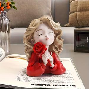 TEMU 크림 스타일 여아 장식품 - 빨간 장미 & 금색 포인트가 있는 우아한 레진 피규어, 현관, 거실, 사무실 책상, 할로윈, 추수감사절, 크리스마스, 새해의 밤 장식, 축제 분위기의 홈 데코 | 우아한 피규어 | 섬세한 장인 정신