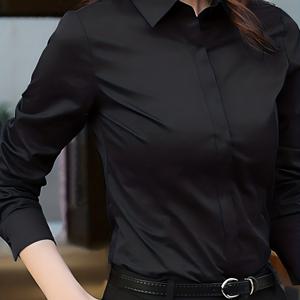 TEMU 여성용 폴리에스터 100% 긴 소매 블라우스, 단색, 스트레치되지 않는 직조 소재, 라펠 칼라, 플랙, 섹시한 스타일, 주름 방지, 봄/여름/가을용 전문 비즈니스 셔츠