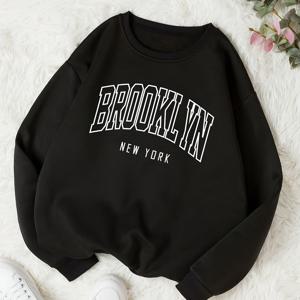 TEMU 여성용 긴팔 크루넥 스웨트셔츠, 브루클린 NY 알파벳 프린트, 100% 폴리에스터 니트 원단, 약간의 신축성, 일반 길이, 모든 계절 풀오버