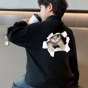 TEMU 남아용으로 멋진 고양이 디자인을 갖춘 새로운 겨울 긴팔 티셔츠, 아이들을 따뜻하게 유지하는 트렌디한 스타일로 완벽합니다.