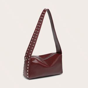 TEMU 1개 빈티지 스타일 여성용 숄더백, 단색 버건디 리벳 디테일, 대용량 스퀘어 언더암 퍼스, 고정 스트랩 및 지퍼 클로저, 크로스바디 퍼스
