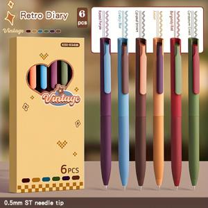 TEMU 6개 레트로 컬러 젤 펜, 부드러운 0.5mm 니들 팁, 쓰기, 메모 및 드로잉용 빈티지 영감 디자인, 다양한 색상(파란색, 녹색, 갈색, 주황색, 보라색, 빨간색), 매끄러운 필기 펜 | 향수적인 펜 디자인 | 투명 캡 기능, 글쓰기를 위한 펜