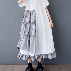 TEMU 여성용 여름 루즈핏 플러스 사이즈 비대칭 밑단 티어드 맥시 드레스 - 스퀘어 넥 반팔 A라인 캐주얼/드레시 솔리드 컬러 통기성 봄/여름 의상, 짧은 여름 드레스, 가벼운 원단, 성인복