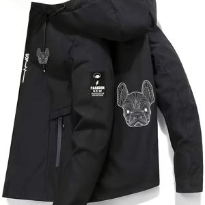 TEMU 남성용 프렌치 불독 프린트 후드 자켓 - 풀집 캐주얼 코트, 지퍼 포켓, 세탁기 사용 가능 폴리에스터, 블랙 & 화이트 프렌치 디자인, 내구성 & 가벼운 일상용 아우터웨어, 도시 스타일, 레귤러 핏, 긴 소매, 지퍼 클로저, 폴리에스터 안감, 남성 패션에 이상적인 프렌치 불독 테마 아우터웨어