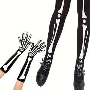 TEMU 12켤레 해골 패턴 무릎 위 양말 세트와 장갑, 야광 해골 장갑, 댄스 소품용 긴 양말, 할로윈 의상