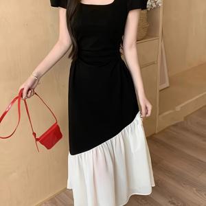 TEMU 여성용 우아한 스퀘어넥 A라인 드레스 - 짧은 소매 블랙 & 화이트 대비 비대칭 밑단, 봄 여름 가을용 세탁기 사용 가능 경량, 캐주얼에서 반정장까지, 계절 패션, 대비 밑단 디자인, 신축성 없는 원색 패턴