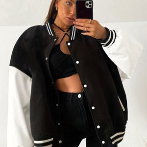 TEMU 여성용 베이스볼 자켓 - 투톤 블랙, 두꺼운 캐주얼 아우터웨어 & 포멀 이벤트용, 기계 세탁 가능 봄/가을 재킷, 베이스볼 칼라 디자인, 계절 변화에 적합한 내구성 있는 소재와 품질 공예