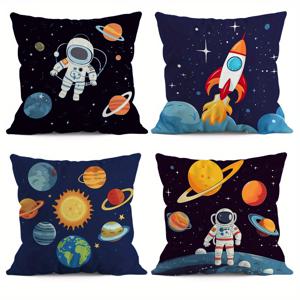 TEMU 4개 세트 우주 비행사 우주선 장식용 단면 쿠션 커버 - 45cm x 45cm - 홈 데코, 소파, 거실 - 복숭아 스킨 벨벳 - 보이지 않는 지퍼 잠금장치 - 생동감 있는 색상 - 튼튼한 소재 - 다양한 공간 유형에 적합 - 세탁 가능 - 현대적인 스타일