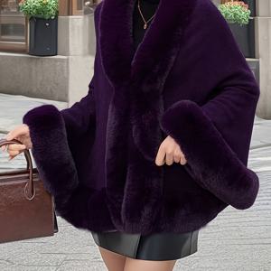 TEMU 여성용 플러스 사이즈 우아한 인조 모피 가디건 코트 - 플러시 보라색 겨울 코트, 대비 칼라, 따뜻한 가을/겨울 아우터웨어, 스트레치되지 않는 소재, 세련된 블랙 스커트 및 브라운 핸드백, 여성용 겨울 코트