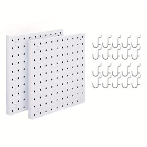TEMU 25cm x 25cm 플라스틱 페그보드 2개 팩, 20개 후크 포함, 1인치 구멍 간격, 벽걸이형 매달림 선반, 차고, 욕실, 주방, 보관실 - 도구, 부품, 열쇠, 공예품, 사무용품, 가벼운 식물을 위한 다용도 보관 - 페인트 마감, 쉬운 설치