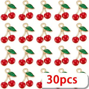 TEMU 30개 레드 에나멜 체리 참 골든 메탈 합금 & 그린 리프 - DIY 공예용 미니 댕글 주얼리 참, 팔찌, 목걸이, 귀걸이 액세서리 - 대량 과일 참, 주얼리 만들기 소품, 장식 부품, 화사한 디자인