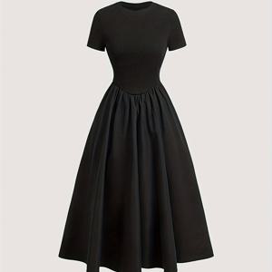 TEMU 여성 캐주얼 A라인 미디 드레스, 짧은 소매, 프릴 디테일 - 블랙 단색, 라운드 넥, 봄 여름 가을용 플로우디 디자인, 캐주얼 의상, 계절 패션, 편안한 핏, 투명하지 않은 원단