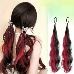 TEMU 2pcs 혼합 색상 자연 곱슬이 wig 확장 헤드밴드 세트 - 다색 그라데이션 곱슬이 더블 포니테일 - 빠르고 쉽게 착용 - 파티 및 휴일 동안 일상 착용에 완벽합니다.