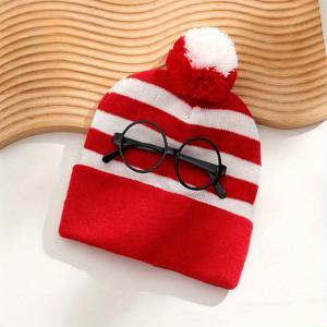 TEMU 1 따뜻한 빨간색 & 흰색 월도 찾기 게임 니트 모자 & 프레임리스 안경 홀더 - 귀여운 만화 디자인, 크리스마스 & 발렌타인데이 선물로 완벽, 겨울 남성 & 여성 드레스업 액세서리, 선물 아이템 | 재미있는 디자인 | 튼튼한 니트 모자