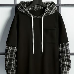 TEMU 남성용 체크 & 광택 포인트 후드 스웨셔츠 - 블랙/화이트 캐주얼, 파티룩에 어울리는 겨울철 따뜻한 풀오버 (가슴 포켓), 세탁기 사용 가능, 레귤러핏 패션아우터, 스트릿웨어 스타일, 추운날씨에도 완벽한