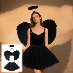 TEMU 세 조각 블랙 엔젤 코스튬 세트, 여성용 천사 소품, 발레단 소품, 카니발 테마 파티, 할로윈, 크리스마스, 천사 역할극에 적합