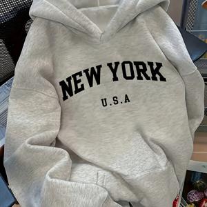 TEMU 여아 뉴욕 U.S.A. 레터 프린트 후드 스웨트셔츠 - 부드럽고 신축성 있는 니트 풀오버, 블랙 레터링, 루즈핏 캐주얼 겨울 스웨터, 데일리 및 포멀, 세탁기 사용 가능 가을/겨울 의상, 스웨터 후드티, 가을 겨울 의류