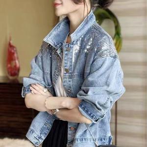 TEMU 여성 데님청자켓 뒤태 뒷버튼 패션 스팽글 루즈핏 워싱 숏 점퍼 여성 봄 자켓 데일리 캐주얼 편안한 데님자켓 상의
