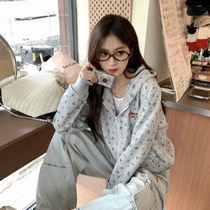 TEMU 봄, 가을, 겨울용 여성용 소형 플로럴 지퍼 후드 스웨터 - 루즈한 대학생 스타일, 캐주얼하고 다재다능한 트렌디한 자켓