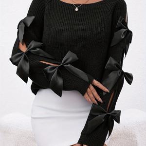 TEMU 리본 장식 크루넥 스웨터, 우아한 컷아웃 롱슬리브 스웨터 가을 & 겨울, 여성 의류