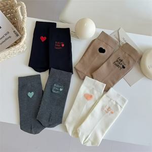 TEMU 여성용 하트 영어 미드 캐프 양말 4켤레, 패셔너블 달콤한 가을 겨울 봄 다용도 귀여운 크루 양말, 일상용 솔리드 컬러 양말, 계절별 신발,일상 필수품,달콤한 디자인,스타일리시 양말,부드러운 원단,크루 길이,멀티팩 양말,일상 착용자,양말 애호가