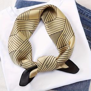 TEMU 스타일의 빛나는 노란색과 금색 잎 무늬가 있는 우아한 사각형 스카프 - 가벼운 폴리에스터, 외출 및 패션 액세서리에 이상적, 패션 액세서리| 스타일|인쇄 디자인
