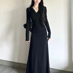 TEMU 여성용 우아한 블랙 V넥 맥시 드레스 - 긴 소매, 흐르는 A라인 실루엣, 봄 & 가을에 완벽, 캐주얼부터 포멀웨어까지, 캐주얼 웨어 드레스 | V넥 드레스 | 폴리에스터 드레스|여성원피스|인견원피스|가을원피스