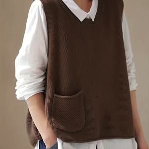 TEMU 여성용 캐주얼 니트 베스트, 포켓이 있는 단색 폴리에스테르 크루 넥 슬리브리스 풀오버 스웨터, 봄/가을/겨울용 - 400g/m² 니트 소재