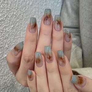 TEMU 민트 라떼 카라멜 옴브레 프레스온 네일, 발레 셰입, 광택 오라 그라데이션 마감 처리된 미디엄 길이 - 24개 세트
