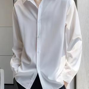 TEMU 남성용 화이트 긴팔 드레스 셔츠 - 가벼운 폴리에스터, 반투명, 라펠 칼라 버튼업, 봄 & 가을 캐주얼 착용에 완벽, 캐주얼 셔츠 | 클래식 버튼다운 | 비투명 소재
